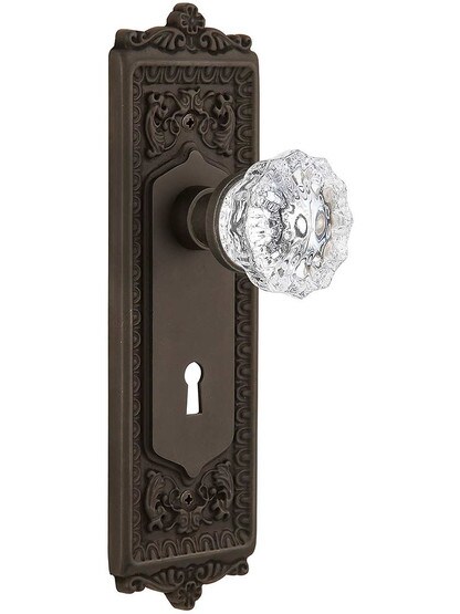 Egg and Dart Door Set with Fluted-Crystal Glass Knobs and Keyhole - 2 3/8 in Oil-Rubbed Bronze.
